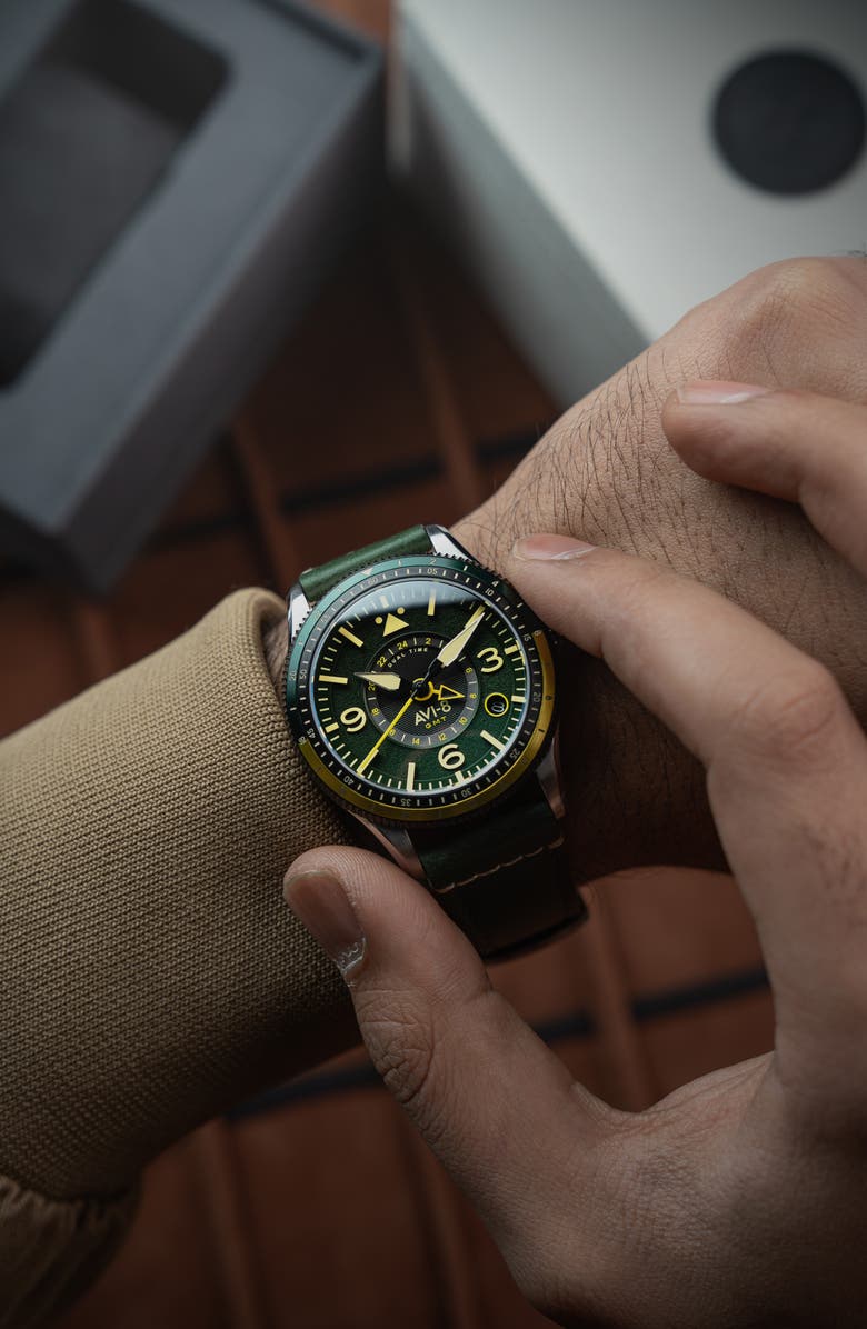 AVI-8 Flyboy Airmaster GMT Leather Strap Watch, 40mm, Alternate, color, Blue