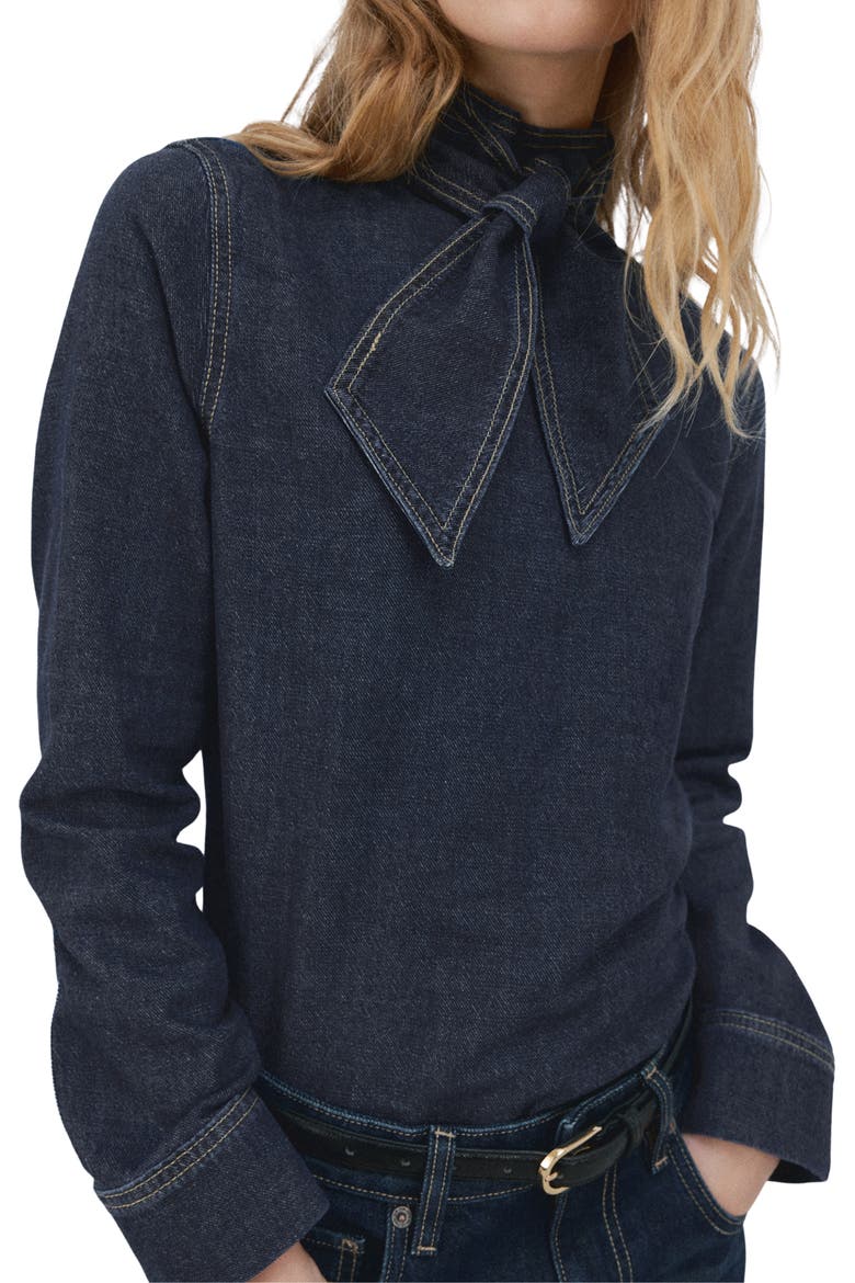 Tie Neck Denim Button-Up Shirt, Main, color, DARK BLUE