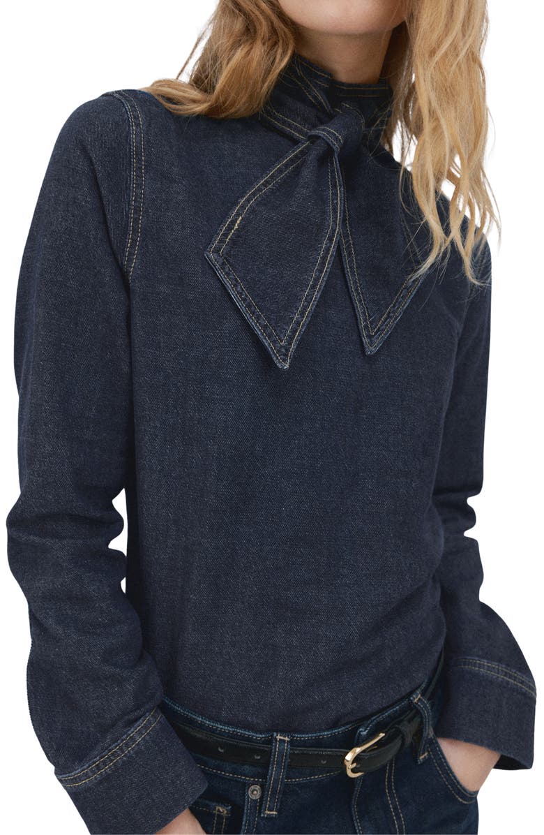 MANGO Tie Neck Denim Button-Up Shirt, Main, color, Dark Blue