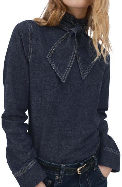 Tie Neck Denim Button-Up Shirt (Plus)