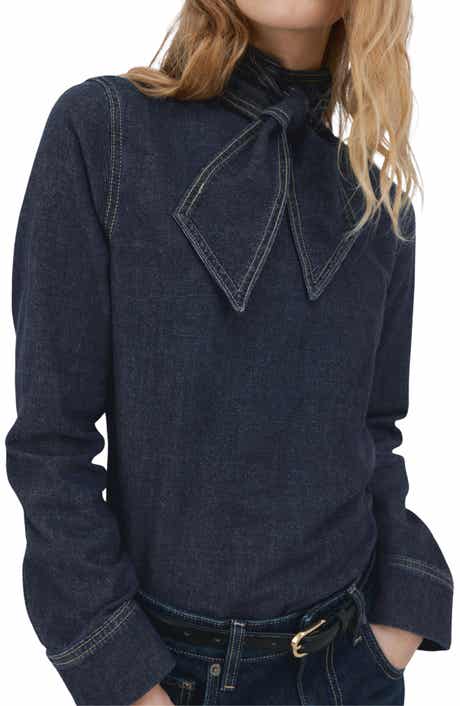Tie Neck Denim Button-Up Shirt