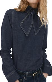 MANGO Tie Neck Denim Button-Up Shirt