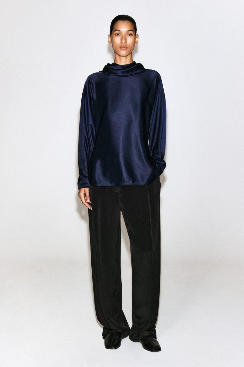 Cowl-neck Satin Blouse, Alternate, color, MIDNIGHT BLUE