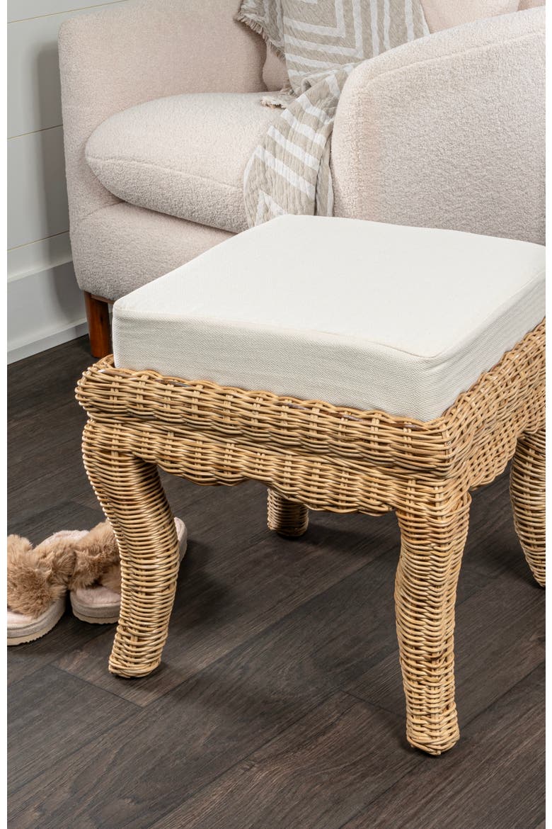 Rowan Coastal Woven Rattan Vanity Stool with Upholstered Cushion, Mango Wood Backless Makeup Chair for Bedroom Bath, Alternate, color, Natural