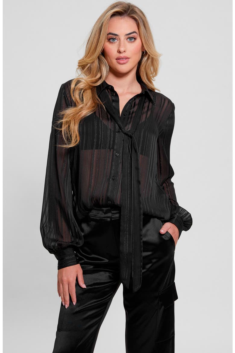 Oriane Tie Neck Metallic Tonal Stripe Satin Button-Up Shirt, Alternate, color, JET BLACK