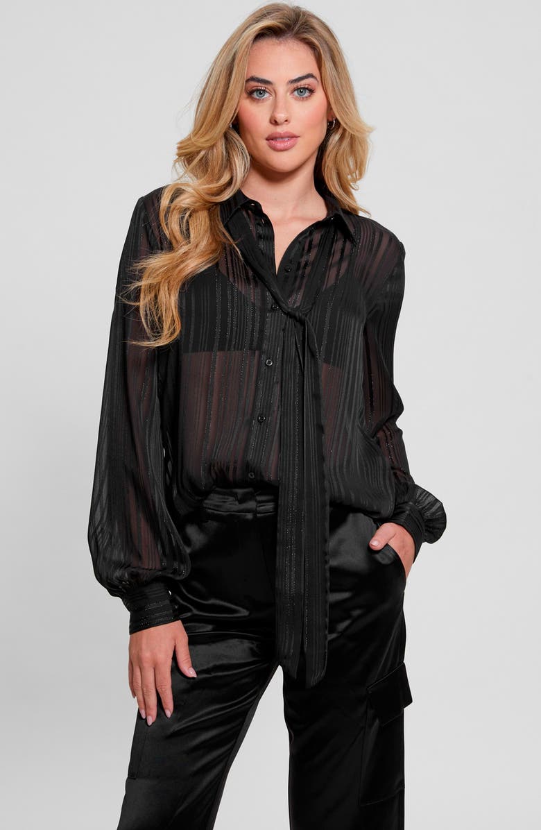 GUESS Oriane Tie Neck Metallic Tonal Stripe Satin Button-Up Shirt, Alternate, color, Jet Black
