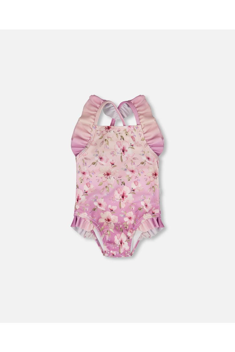 One-Piece Ruffle Flower Swimsuit, Main, color, Purple Flower Print