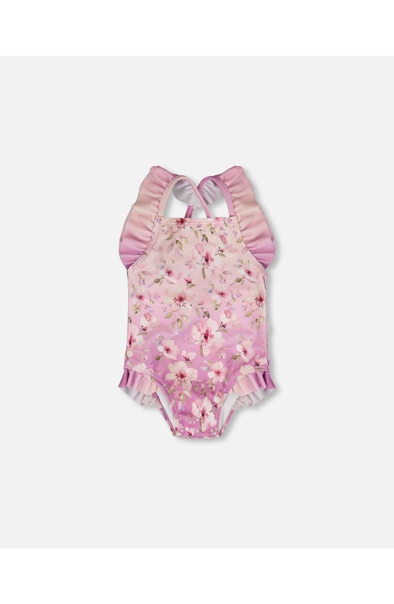 Deux par Deux One-Piece Ruffle Flower Swimsuit, Main, color, Purple Flower Print