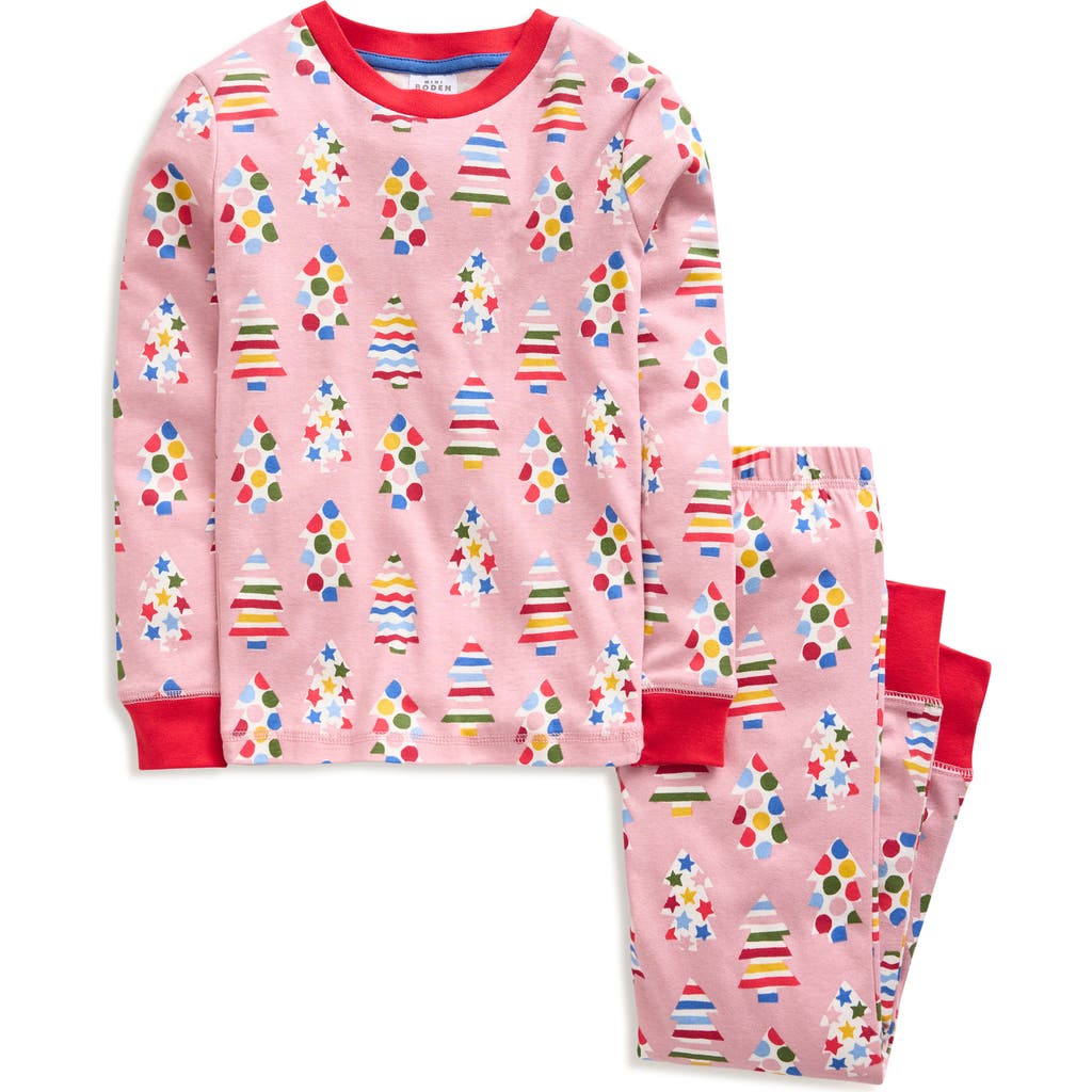 Mini Boden Kids' Christmas Tree Glow in the Dark Fitted Two-Piece Cotton Pajamas in Vintage Pink Christmas Trees