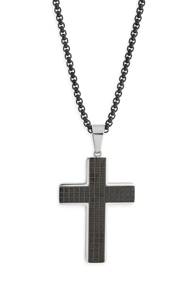 Men's Two-Tone Stainless Steel Cross Pendant Necklace, Alternate, color, BLACK- STAINLESS