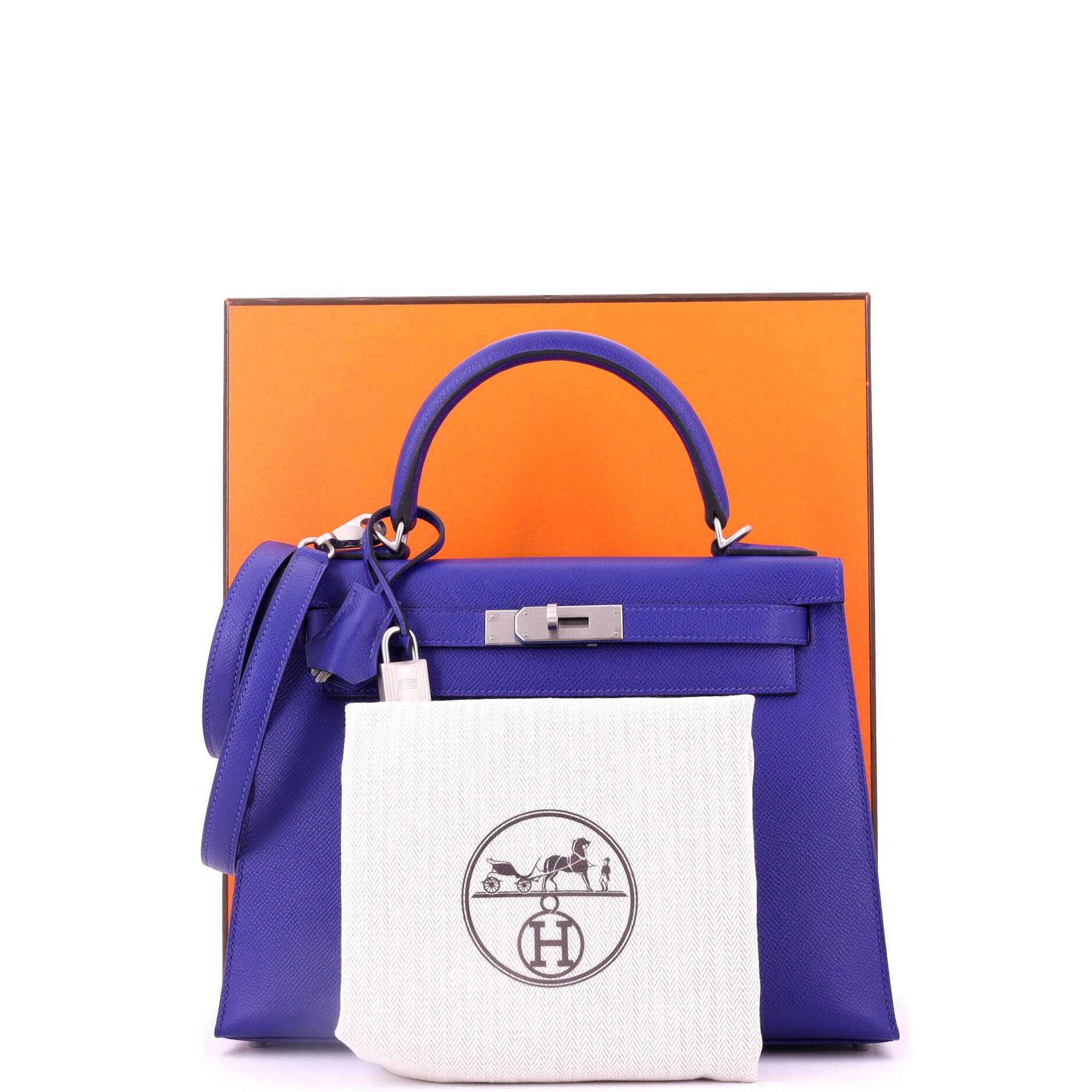 Pre-Owned Hermes Kelly Handbag Blue Epsom with Brushed Palladium Hardware 28, Alternate, color, 