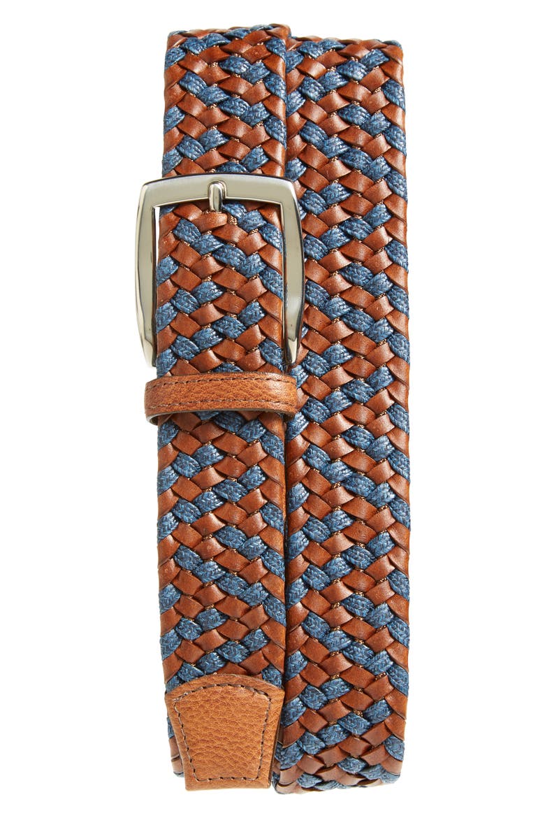 Braided Leather & Linen Belt, Main, color, COGNAC/ NAVY