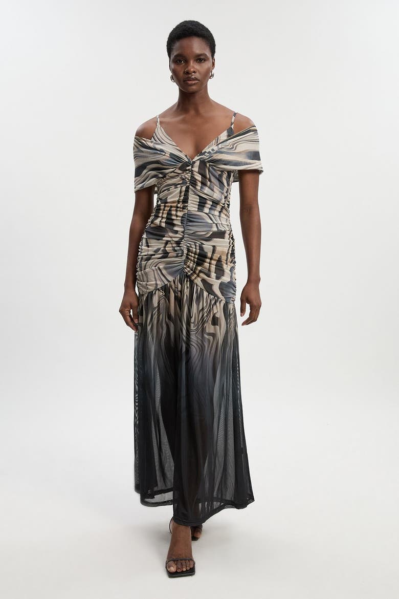 Petite Marble Print Mesh Maxi Dress, Main, color, Mono
