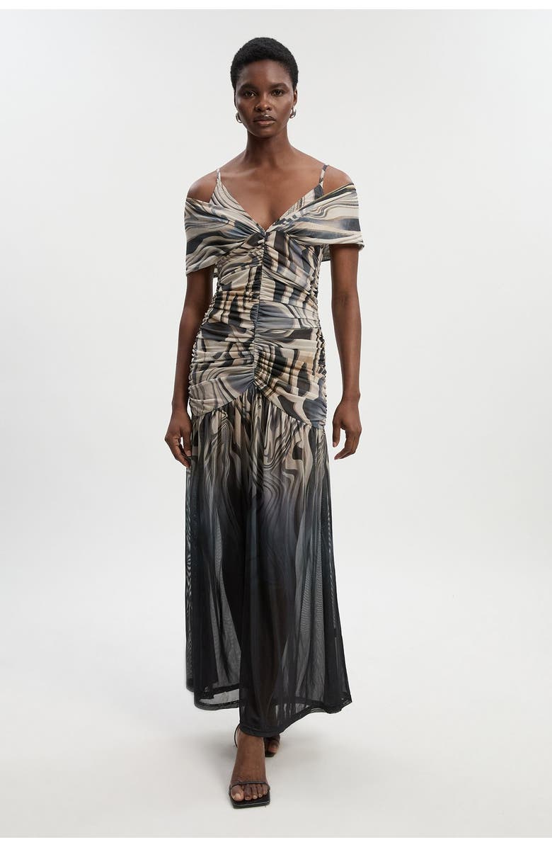 Karen Millen Petite Marble Print Mesh Maxi Dress, Main, color, Mono