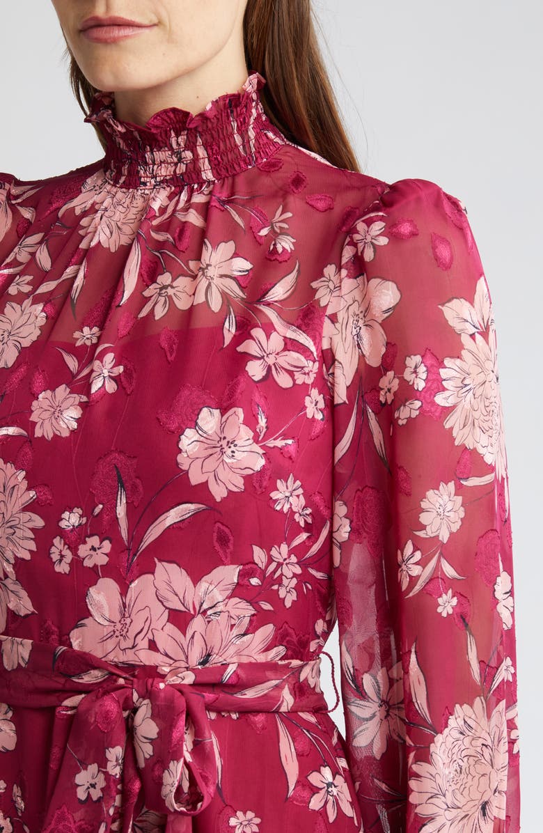 Eliza J Floral Long Sleeve Mock Neck Dress, Alternate, color, Berry