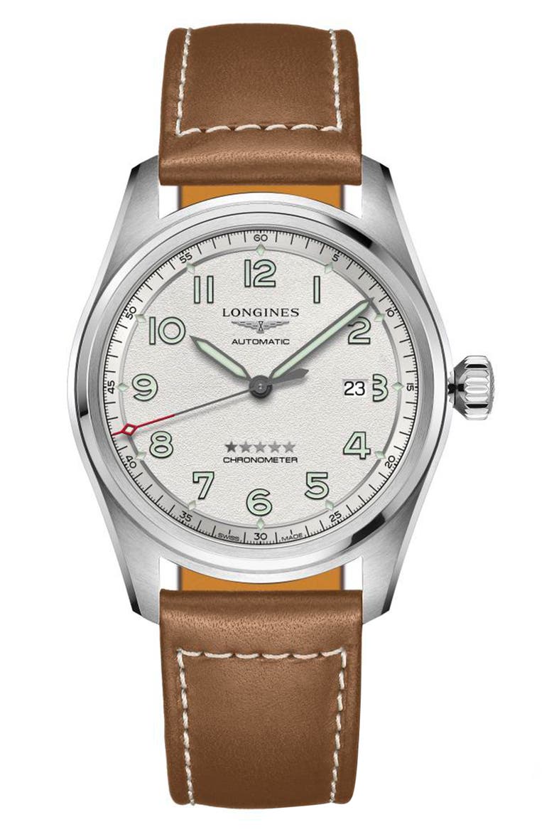 Spirit Automatic Leather Strap Watch, 42mm, Main, color, TAN/ SILVER