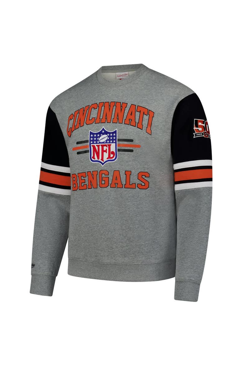Men's Mitchell & Ness Heather Gray Cincinnati Bengals All Over 4.0 Vintage Logo Pullover Sweatshirt, Alternate, color, Heather Gray