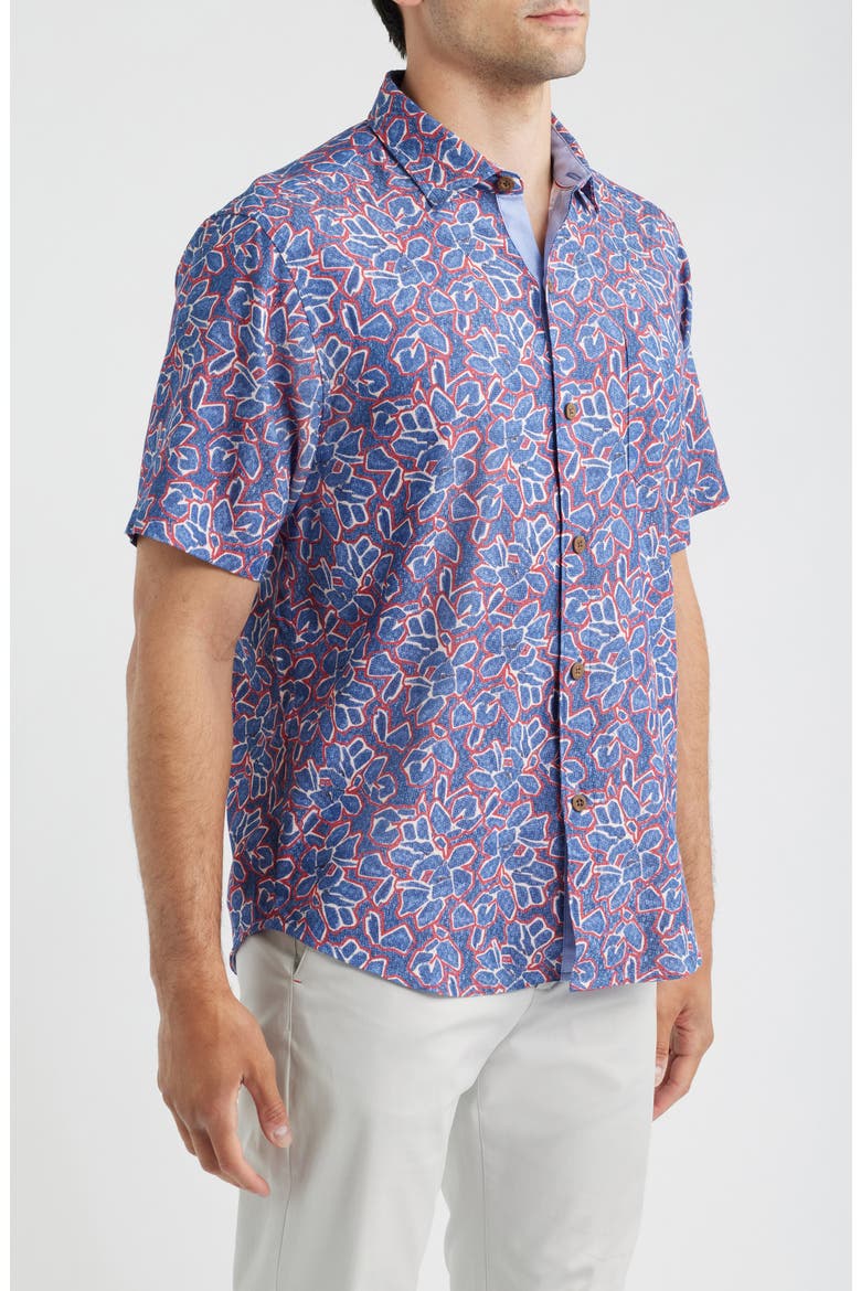 Coastal Ease Geo Rio Floral IslandZone® Short Sleeve Button-Up Shirt, Alternate, color, BERING BLUE