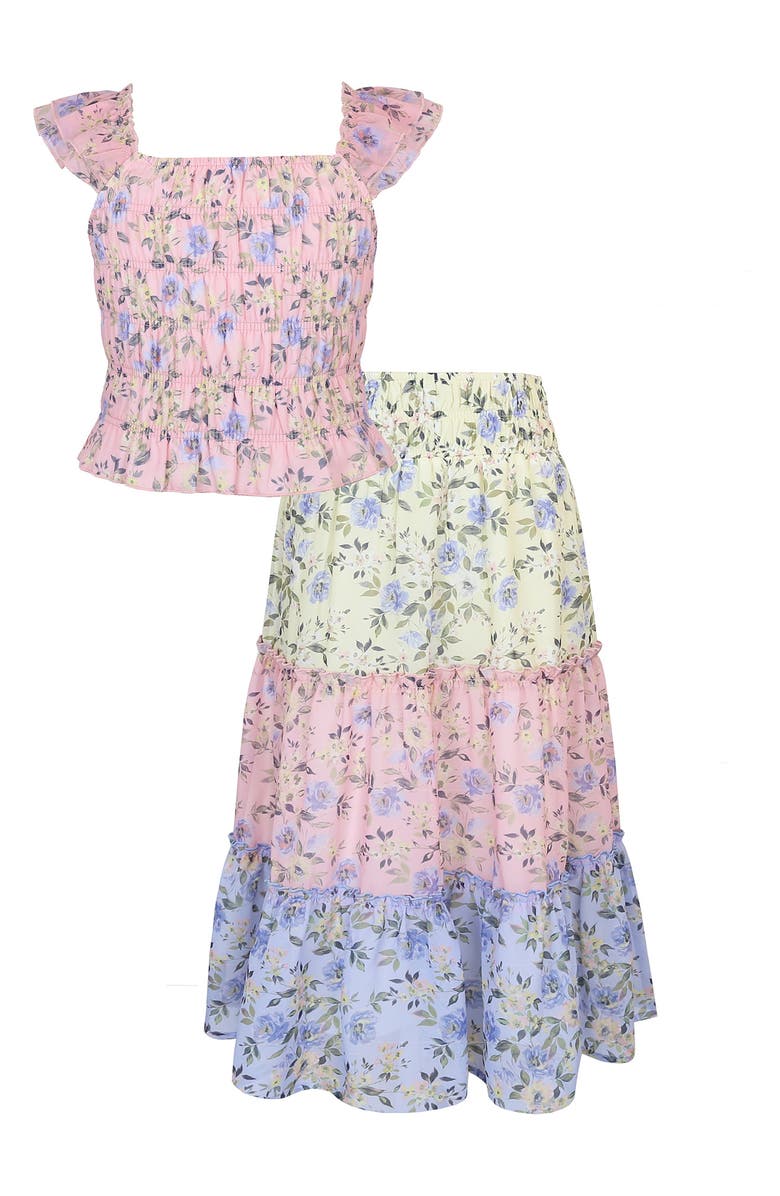 Zunie Kids' Ruffle Floral Top & Skirt Set, Main, color, Multi Pink
