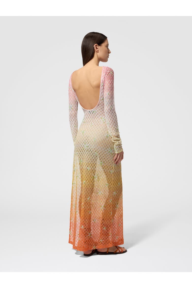 Long Cover-up Dress In Lamé Viscose With Dégradé Spiderweb Motif And Embroidery, Alternate, color, Multicoloured