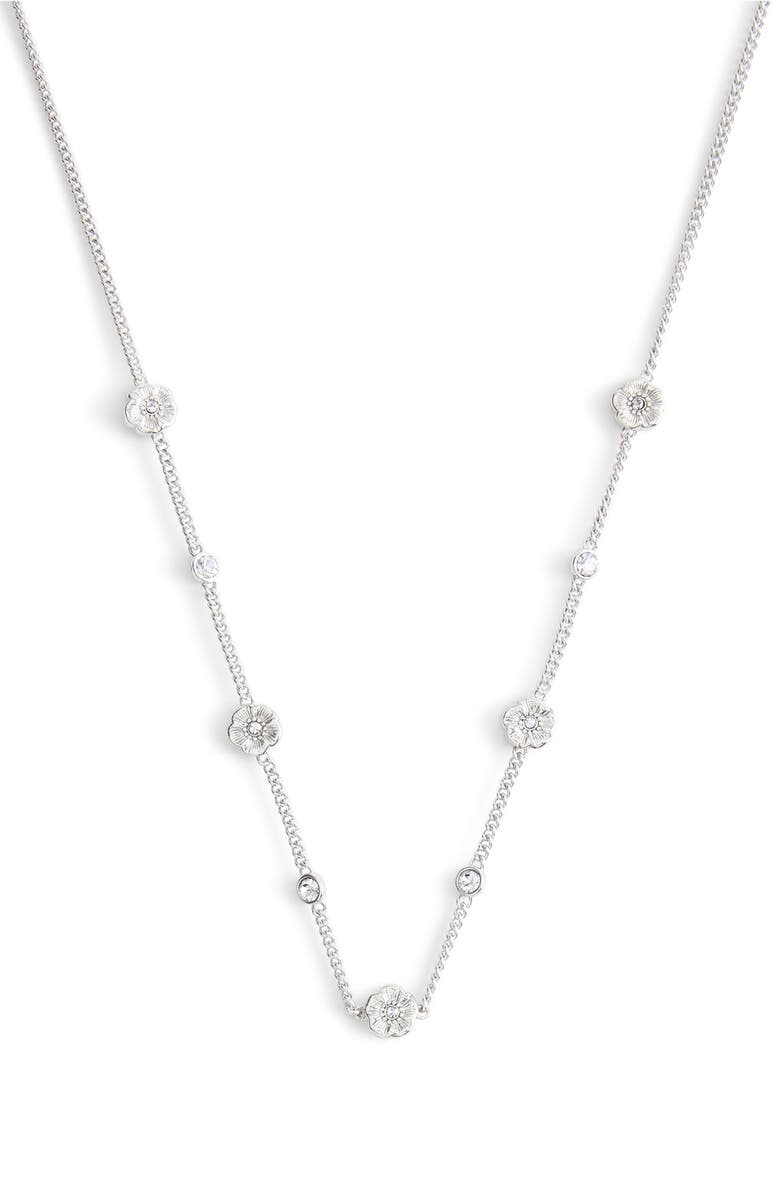COACH Tea Rose & Crystal Station Necklace, Main, color, Rhodium