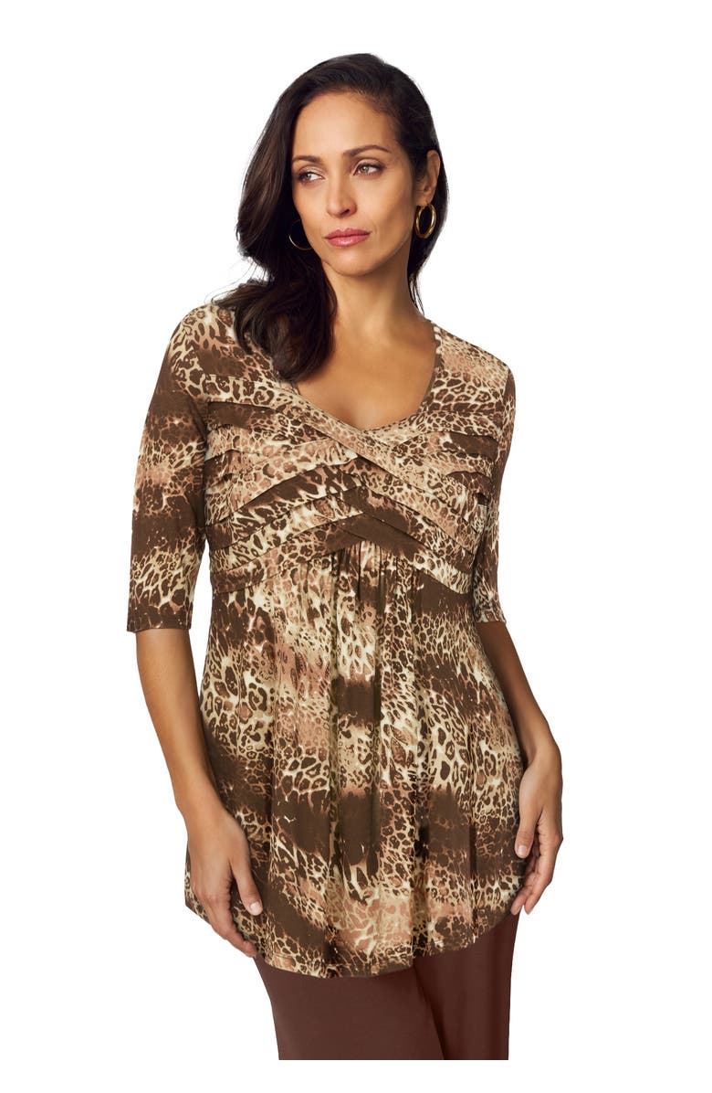 Jessica London Stretch Knit Pleated Tunic, Main, color, Creamy Mocha Print
