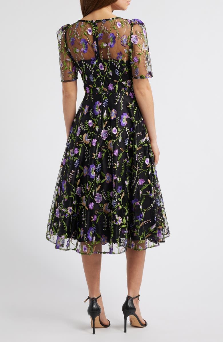 Embroidered Illusion Neck Cocktail Midi Dress