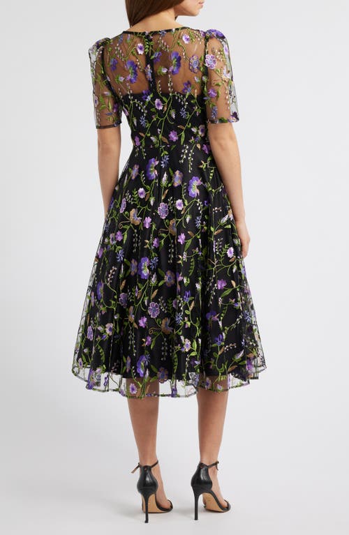 Eliza J Embroidered Illusion Neck Cocktail Midi Dress In Black Purple