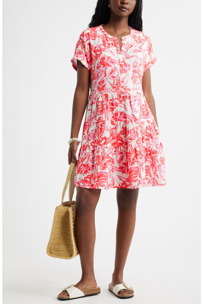 Cotton Gauze Tiered Popover Dress, Alternate, color, IVORY- PINK ELLIE BLOSSOM