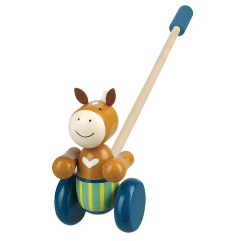 Push Along Pony Wooden Toy, Colorful Wheeled Character with Handle
