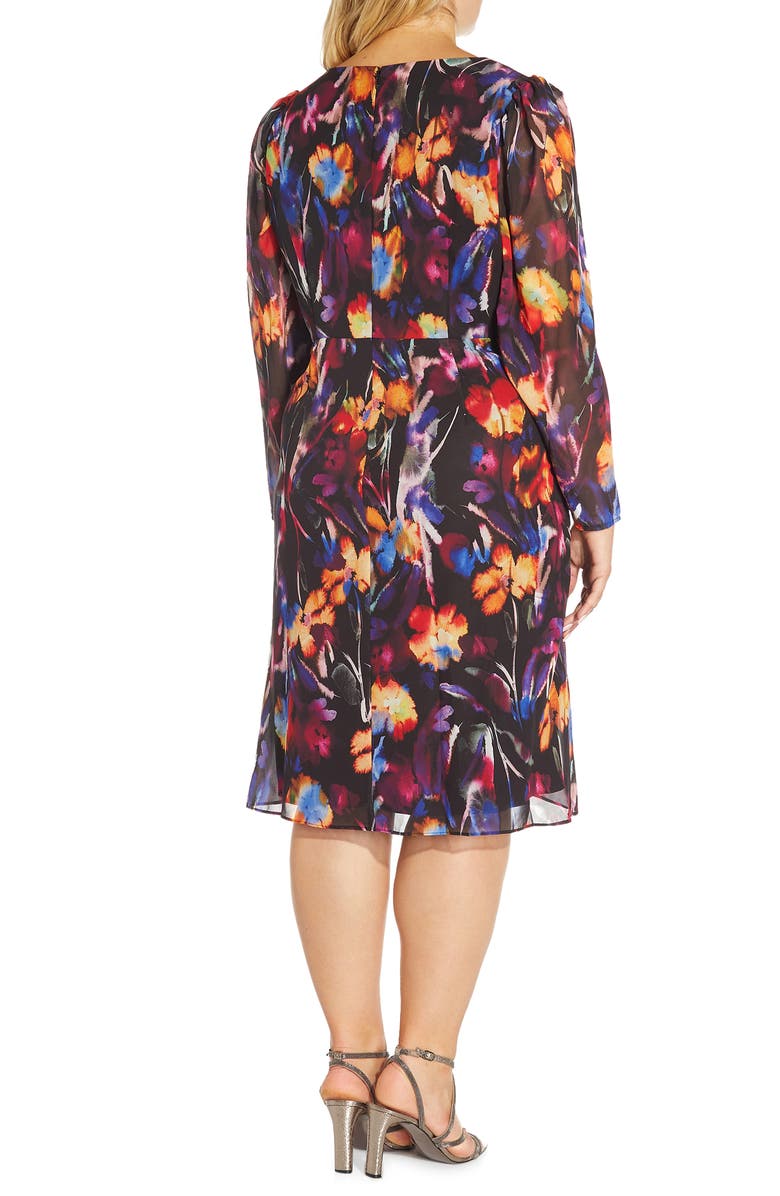 Adrianna Papell Watercolor Floral Long Sleeve Chiffon Cocktail Dress, Alternate, color,