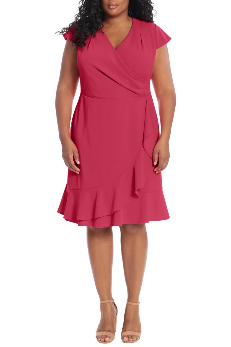 Pleated Flounce Faux Wrap Dress, Main, color, CHERRY