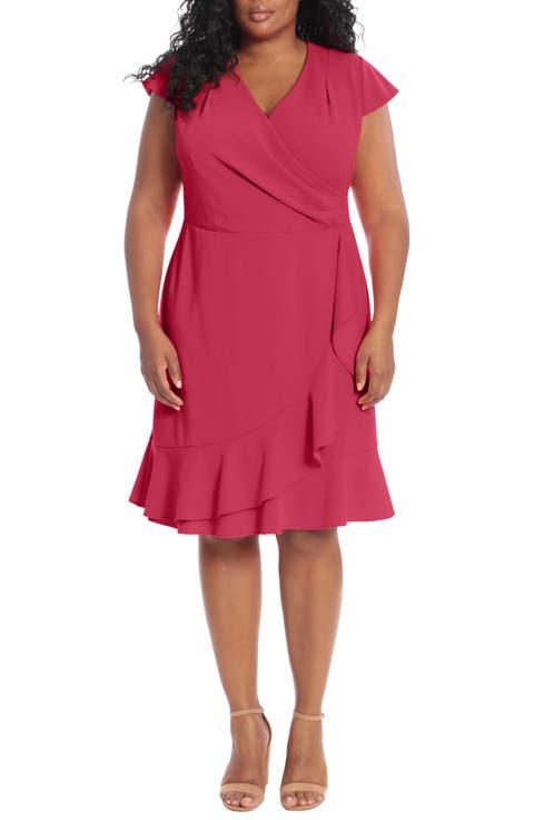 Pleated Flounce Faux Wrap Dress (Plus Size)