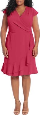 London Times Pleated Flounce Faux Wrap Dress