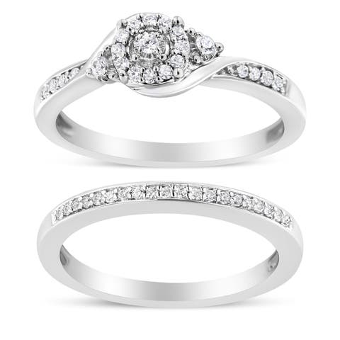 Silver 1/4 Cttw Diamond Halo and Swirl Engagement Ring and Wedding Band Set