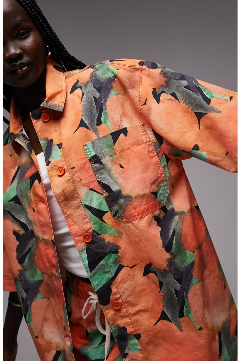 Abstract Floral Oversize Cotton Button-Up Shirt, Alternate, color, ORANGE