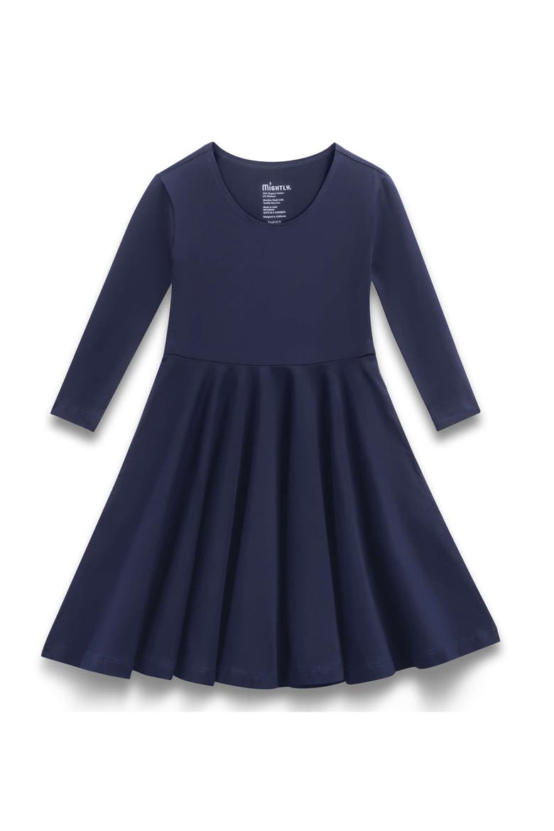 Organic Cotton 3/4 Sleeve Solid Twirl Dress, Main, color, Navy
