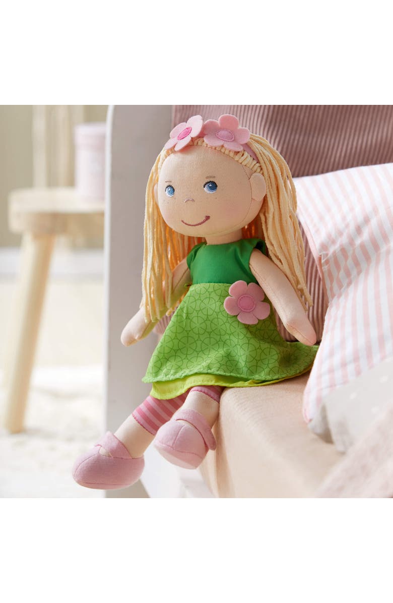 HABA 12" Soft Doll Mali with Blonde Hair and Blue Eyes, Soft Toddler Baby Dolls with Embroidered Face, Machine Washable Toddler Girl Toys for 18 mo+, Alternate, color, Green Multi