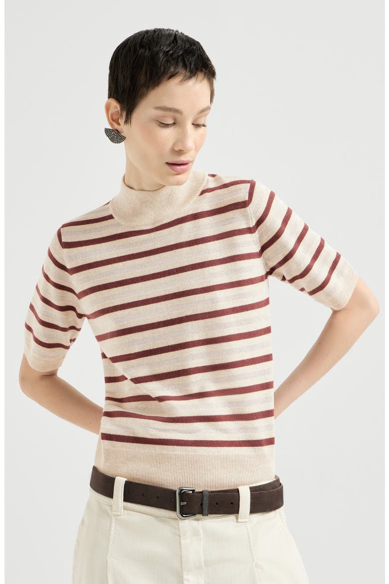 Virgin wool, cashmere and silk knit t-shirt with sparkling stripes, Main, color, Multicoloured