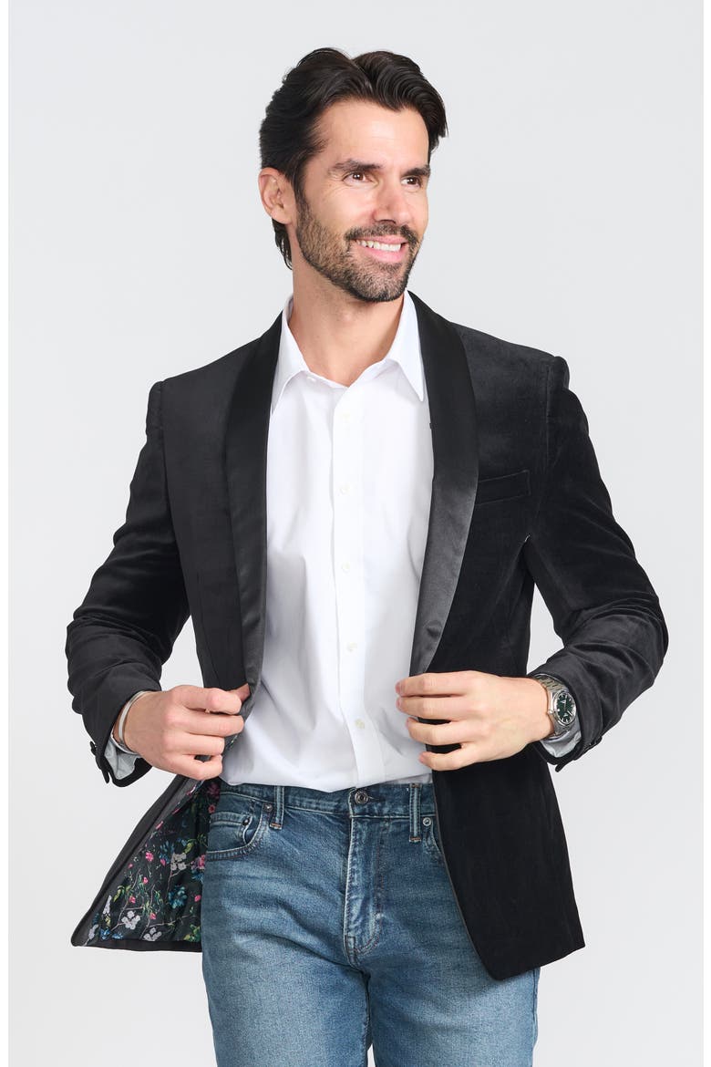 Black Satin Shawl Collar Slim Fit Velvet Jacket, Alternate, color, BLACK