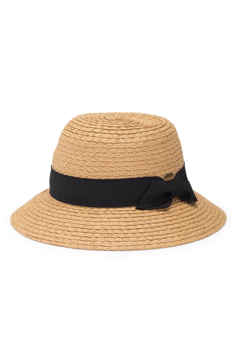 Nine West Grosgrain Bow Straw Cloche, Alternate, color, Tan