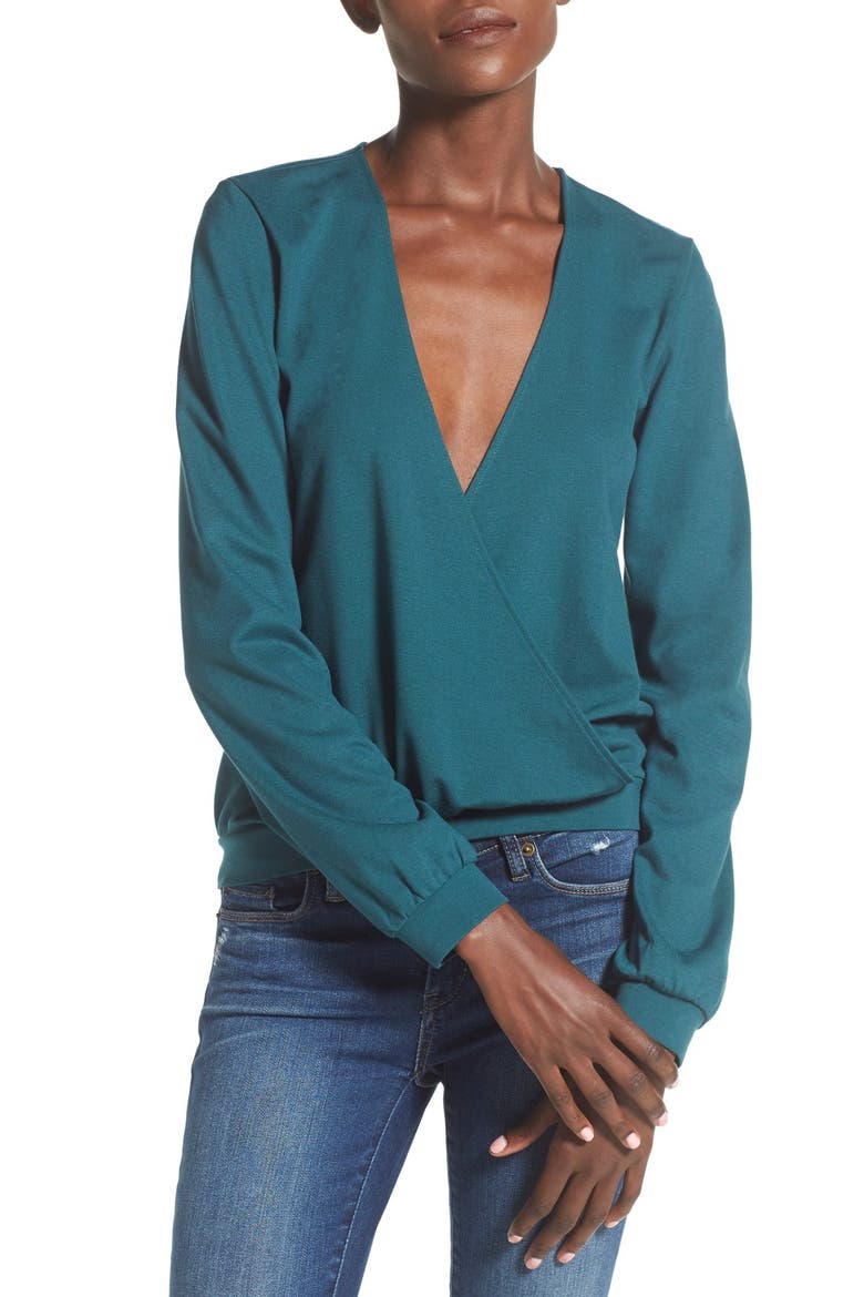 Long Sleeve Surplice Top, Alternate, color, TEAL DEEP