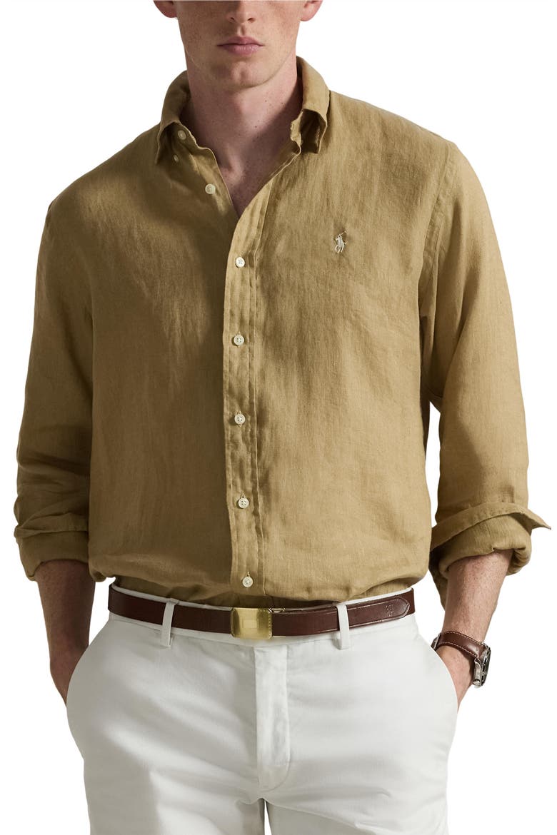 Classic Fit Linen Button-Down Shirt, Main, color, CAFE TAN