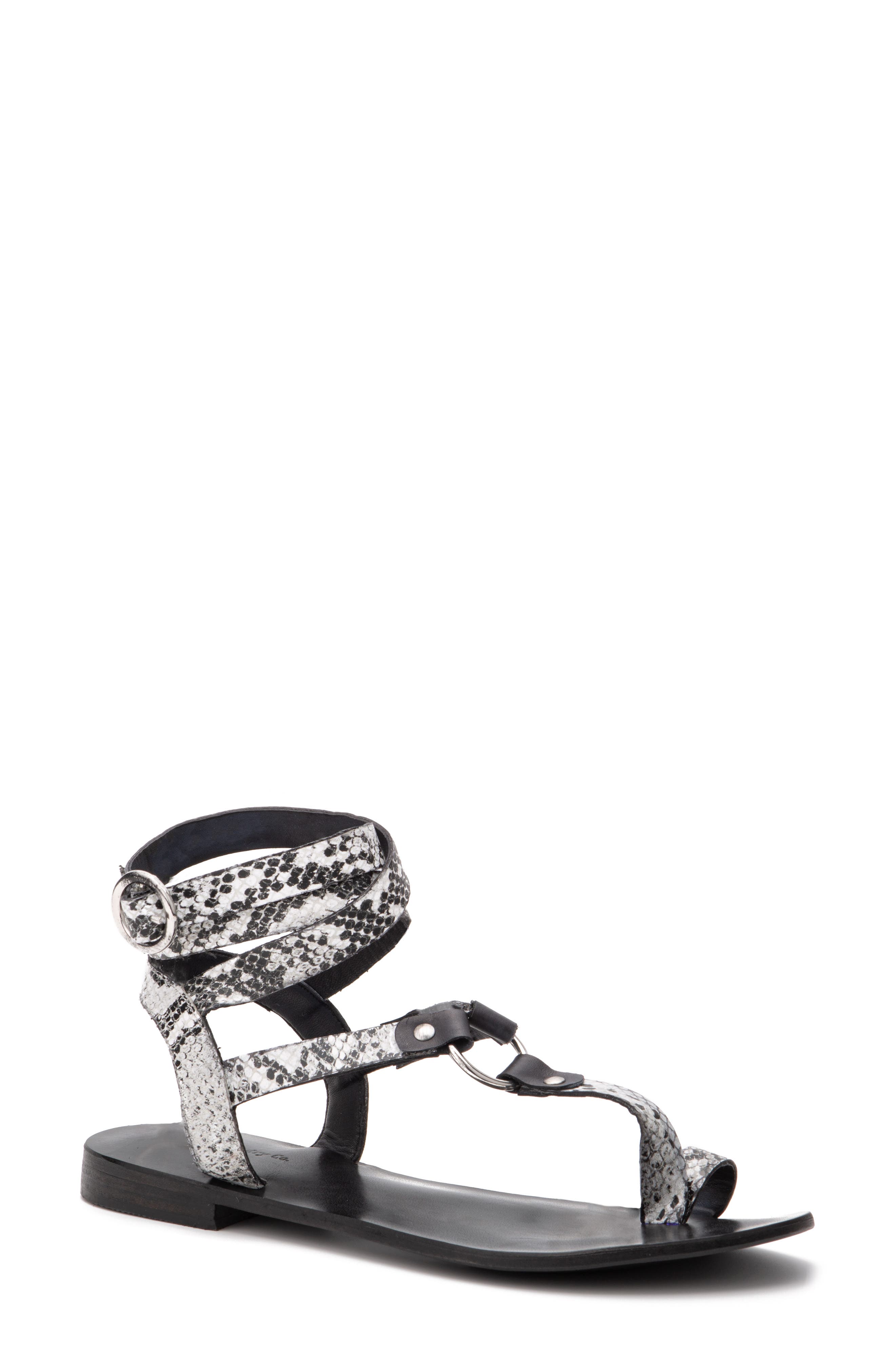 VINTAGE FOUNDRY Vina Snake Embossed Leather Ankle Strap Flat Sandal, Main, color, 