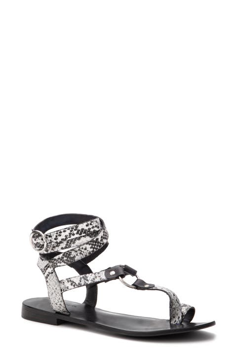 Vina Snake Embossed Leather Ankle Strap Flat Sandal (Women)