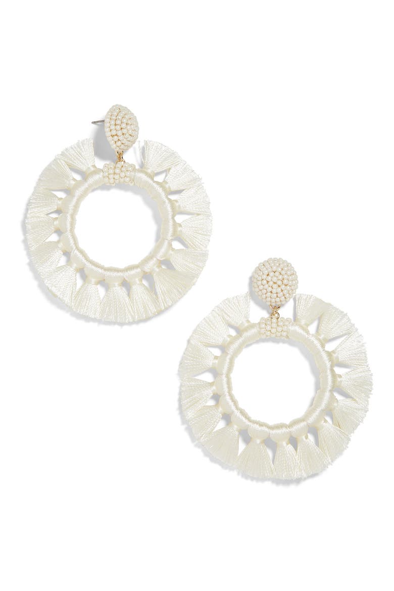 Adrita Beaded Tassel Hoop Earrings, Main, color, WHITE