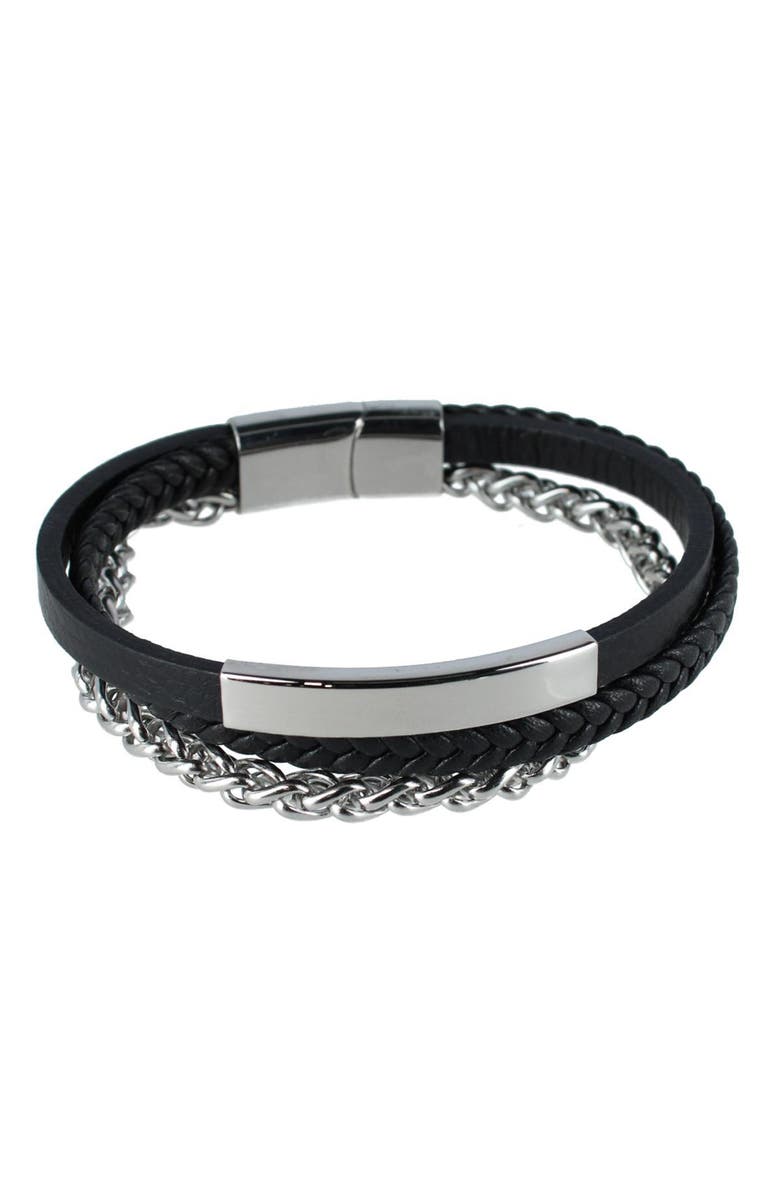 Trafalgar Zaid Metal and Leather Triple Strand Secure Clasp Bracelet, Main, color, Black With Silver Metal