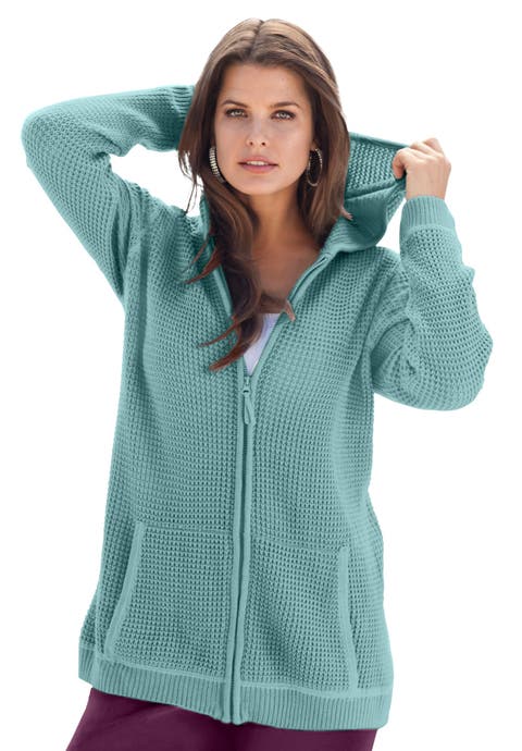 Plus Size Waffle Knit Zip-Front Relaxed Hoodie (Plus)