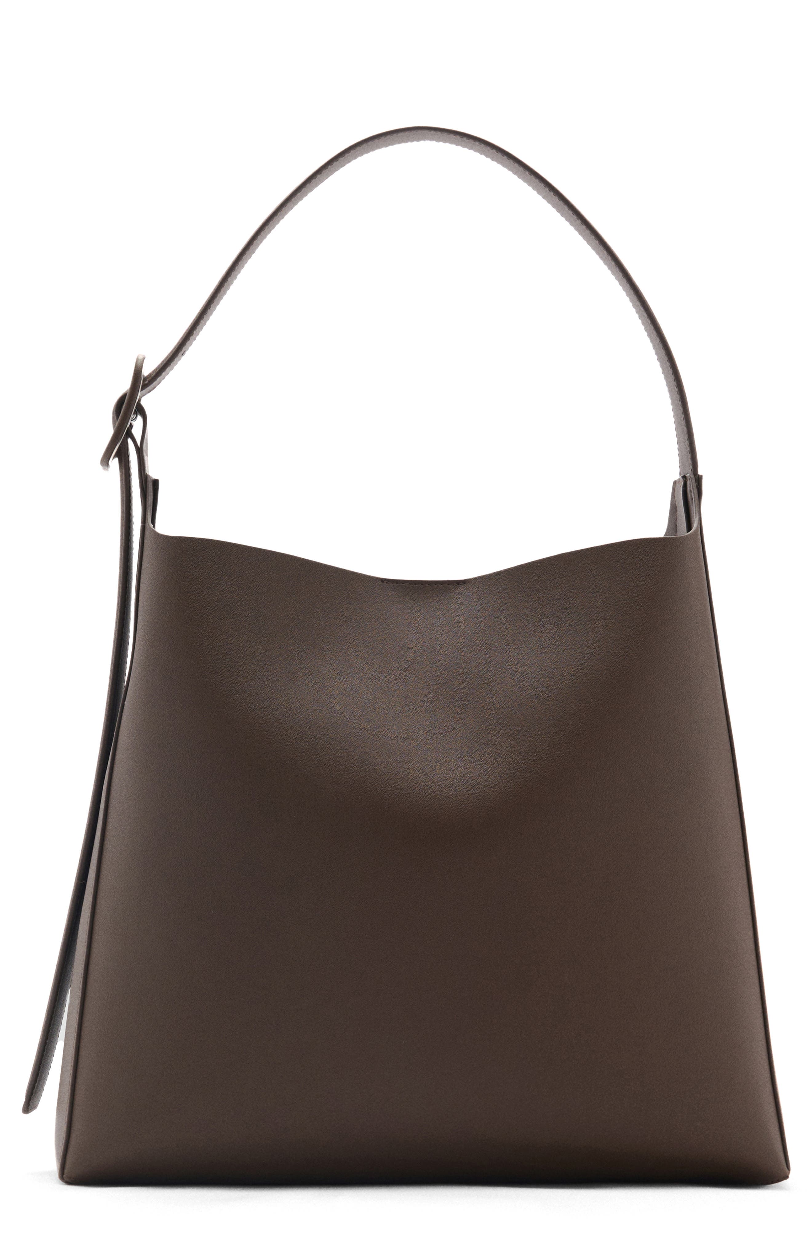 Buckled Faux Leather Shopper Bag, Main, color, CHOCOLATE