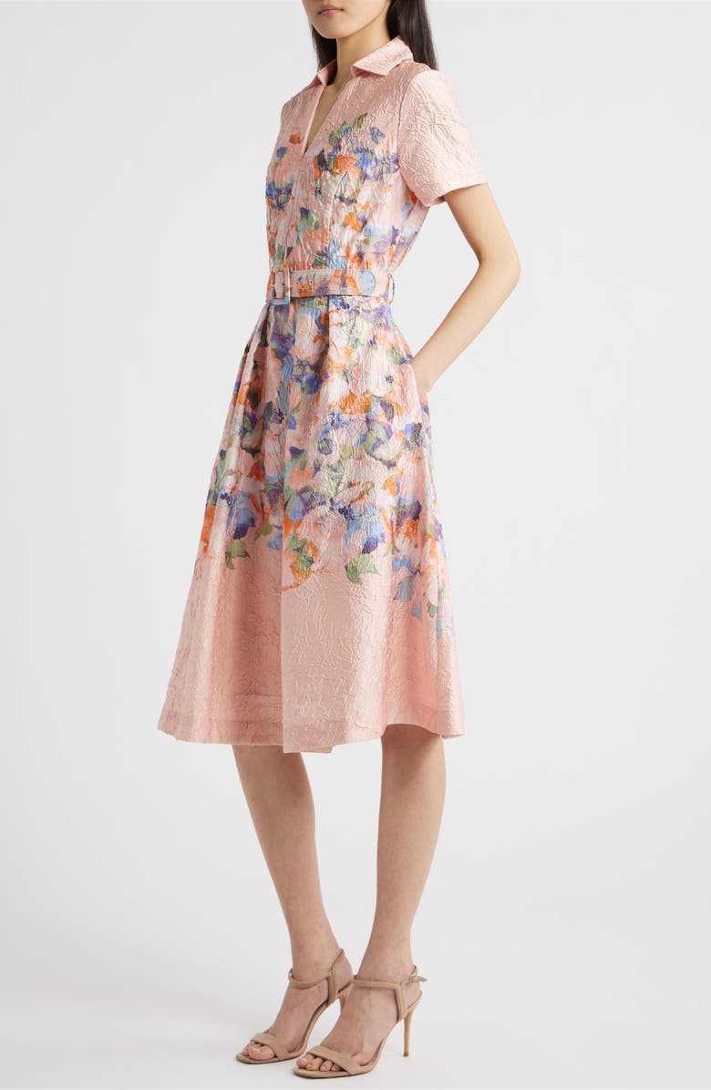 Tahari ASL Print Crinkle Belted Fit & Flare Dress, Alternate, color, Apricot Floral